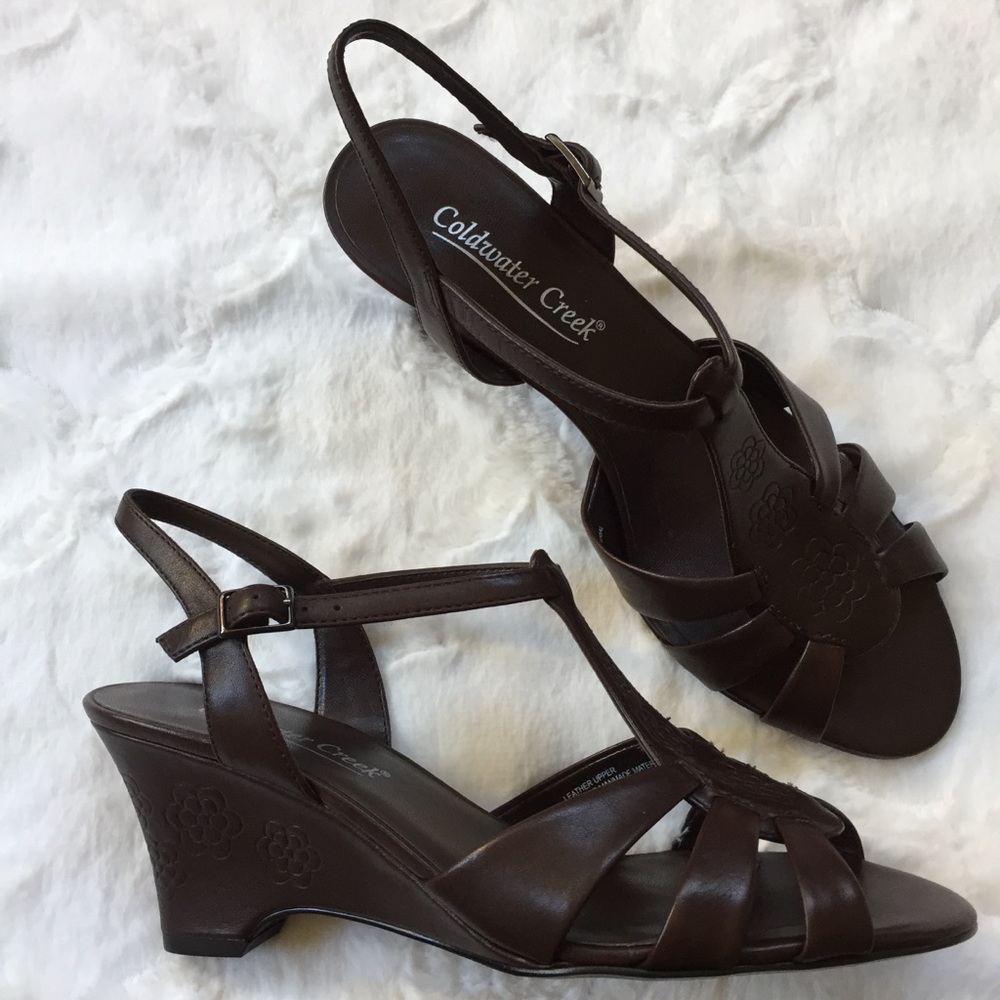 Floral Embossed Dark Brown Leather Wedges Sandals